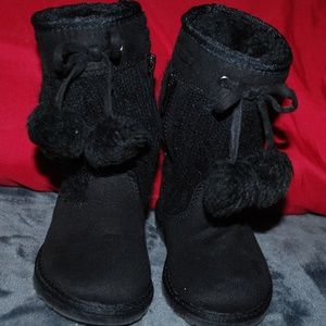 Girls Toddler LAU Black Knit Suede Boots Pom Poms